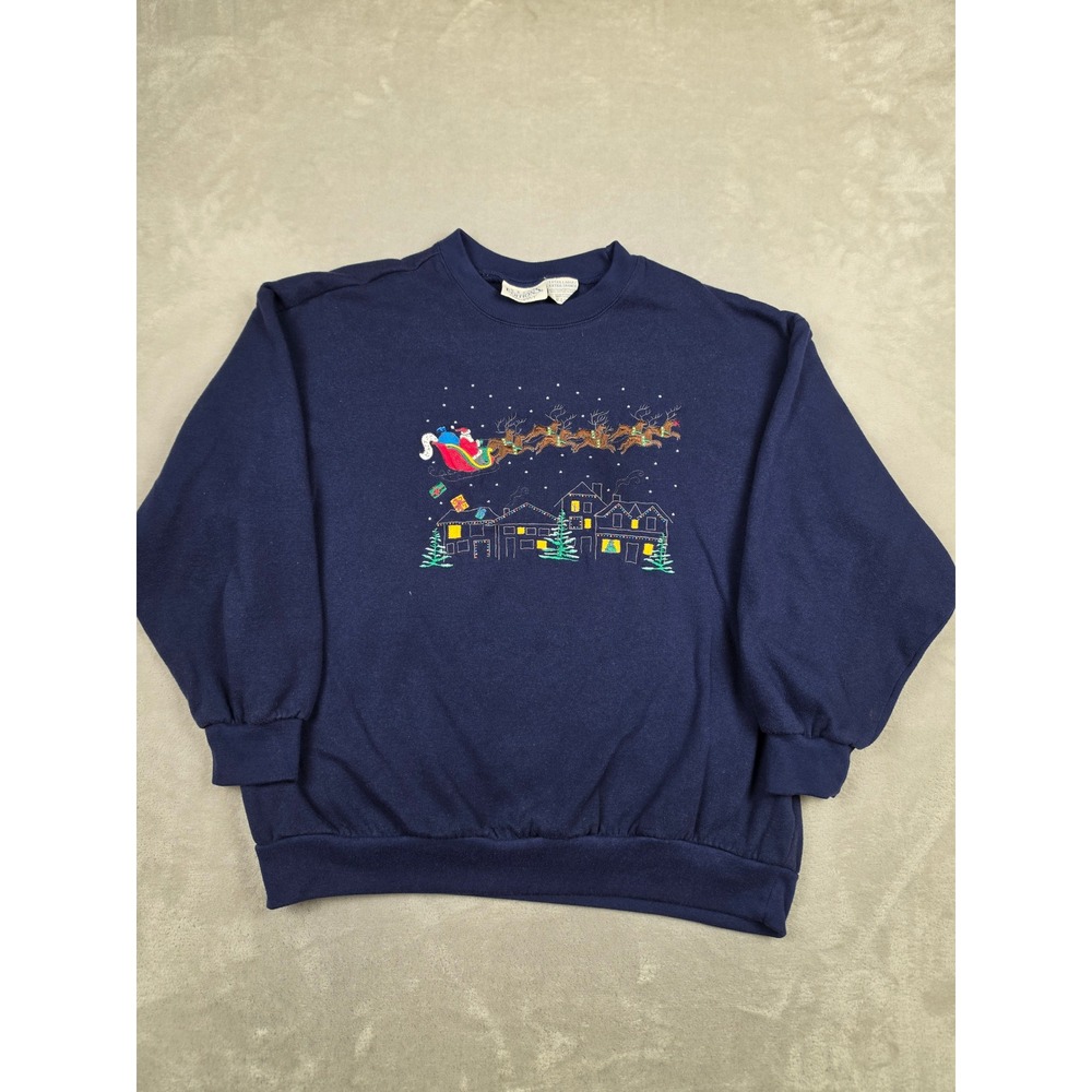 Vintage Basic Editions Sweatshirt Women XL Blue Christmas Santa Reindeer Holiday
